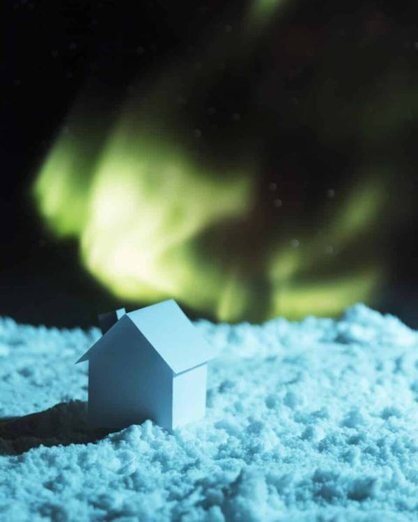 House Snow With Aurora Borealis